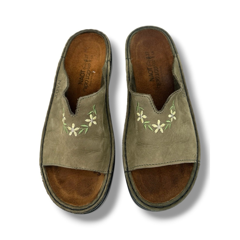 NAOT Leather Floral Wedge Slide Sandals 37 Olive Fairy Grunge Cottagecore Boho